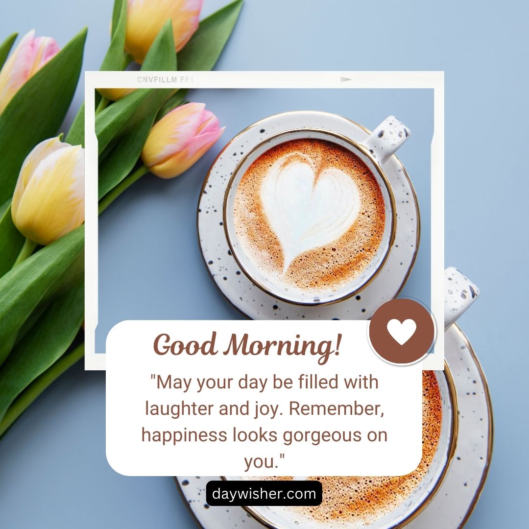 Two good morning images: cups of coffee with heart-shaped latte art on a blue background, surrounded by yellow tulips. An overlay text wishes a good morning with a positive message about happiness and joy