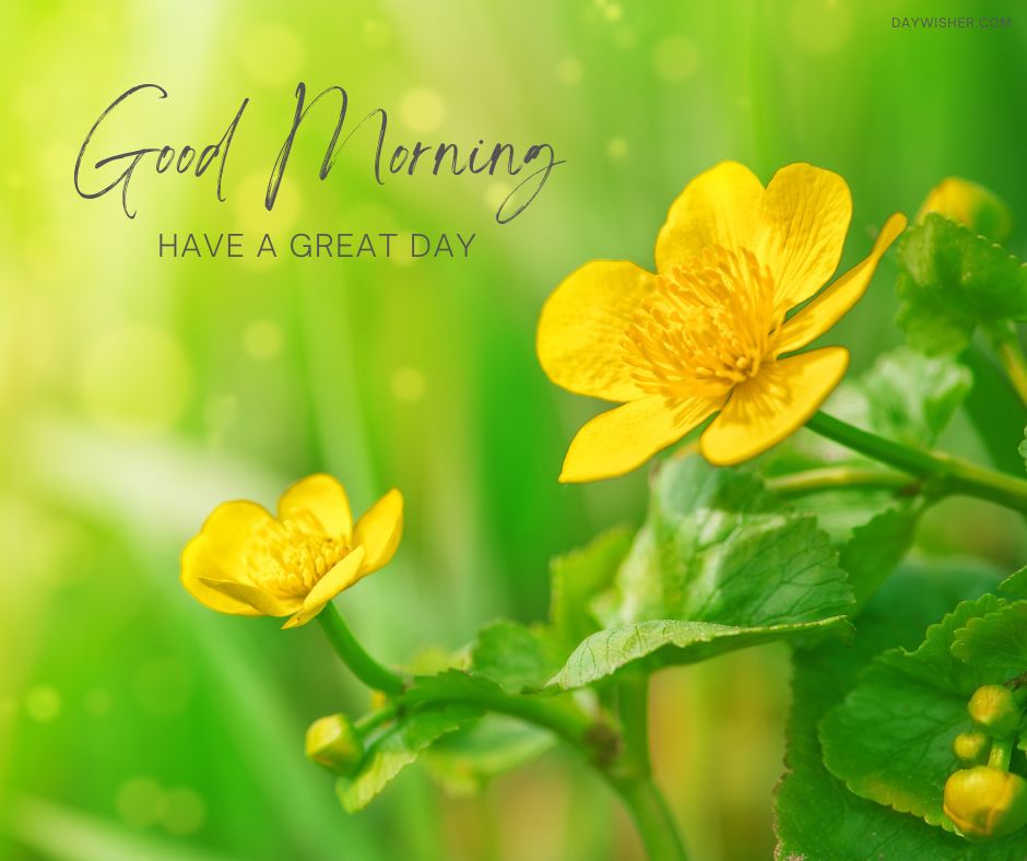 Bright yellow buttercup flowers on green foliage with dew, against a soft green background. Text overlay says "Good morning images, have a great day.