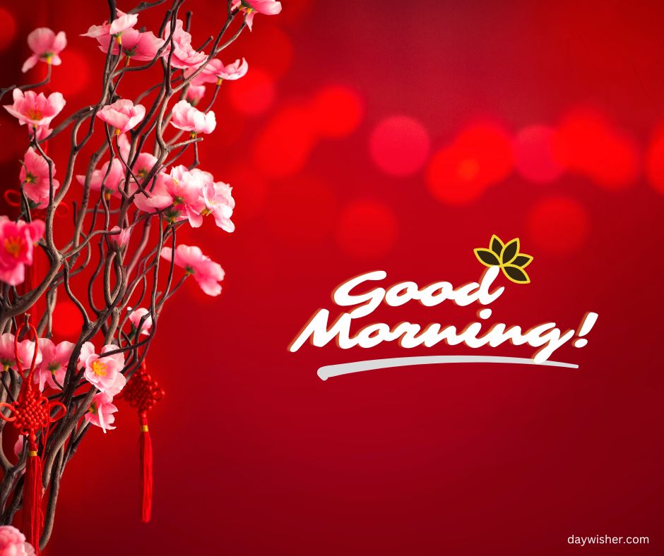 A vibrant graphic with pink cherry blossom branches on a red background with blurred lights and the text "good morning images" in white cursive font.
