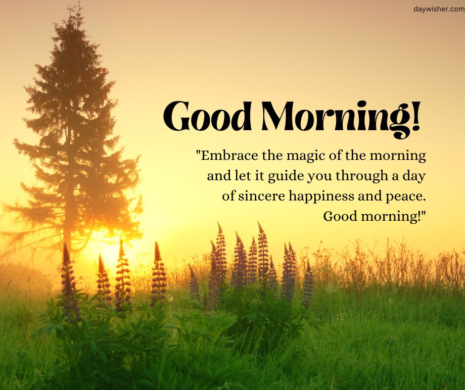 A sunrise over a lush field with tall grass and flowers, a single tree on the left, and the text "Good morning images! Embrace the magic of the morning and let it guide you through