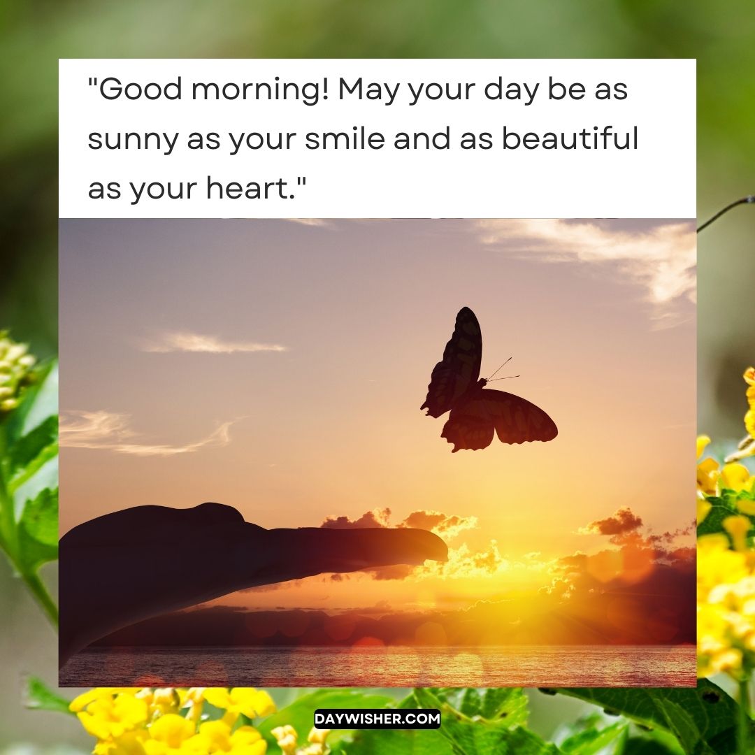 A butterfly hovers over vibrant flowers against a sunrise backdrop with a quote saying: "Good morning images! May your day be as sunny as your smile and as beautiful as your heart.