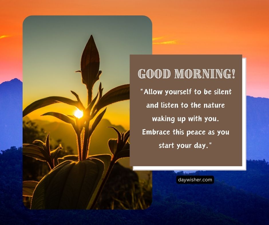 A graphic against a sunset background featuring the silhouette of a sunflower, with the text "Good morning! Allow yourself to be silent and listen to nature. Wake up with you. Embrace this peace