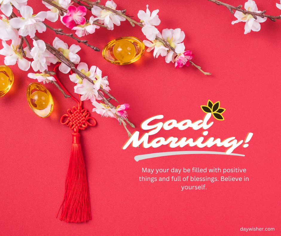 A vibrant red background with a "good morning!" greeting, white cherry blossoms, and a red tassel. Two cups of tea and a positive message about self-belief enhance the scene in these