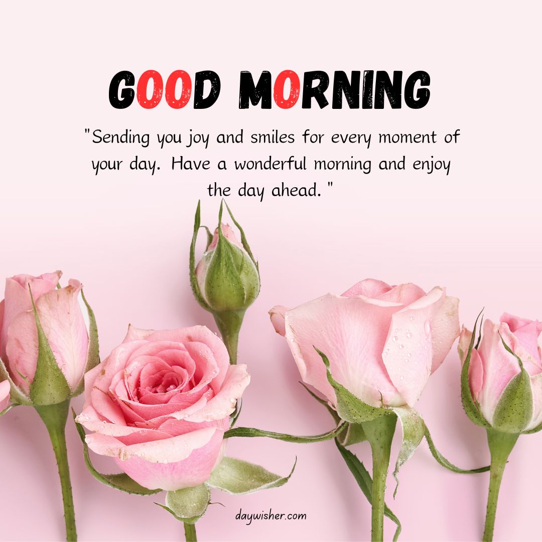 Image featuring "good morning images" text with a quote about sending joy and smiles, displayed over a background of light pink roses on a similarly colored surface.