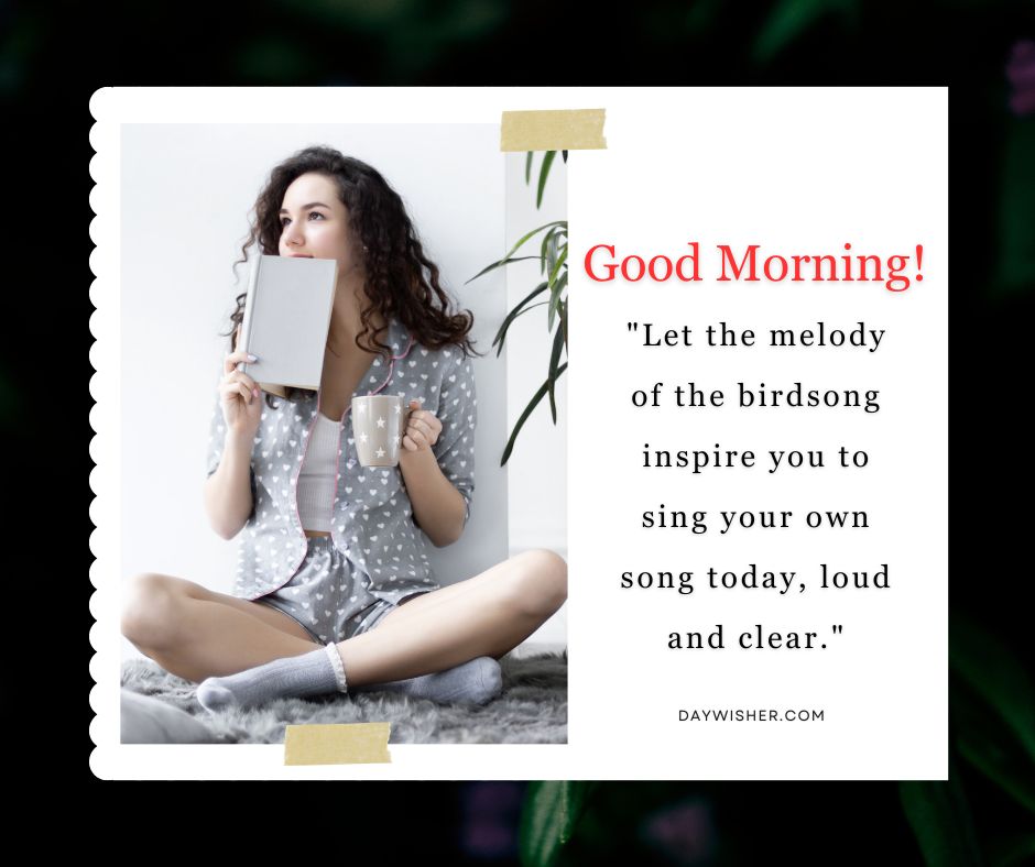 A woman in a polka dot dress holding a book near her face, amid lush green plants, with text saying "good morning images! 'Let the melody of the birdsong inspire