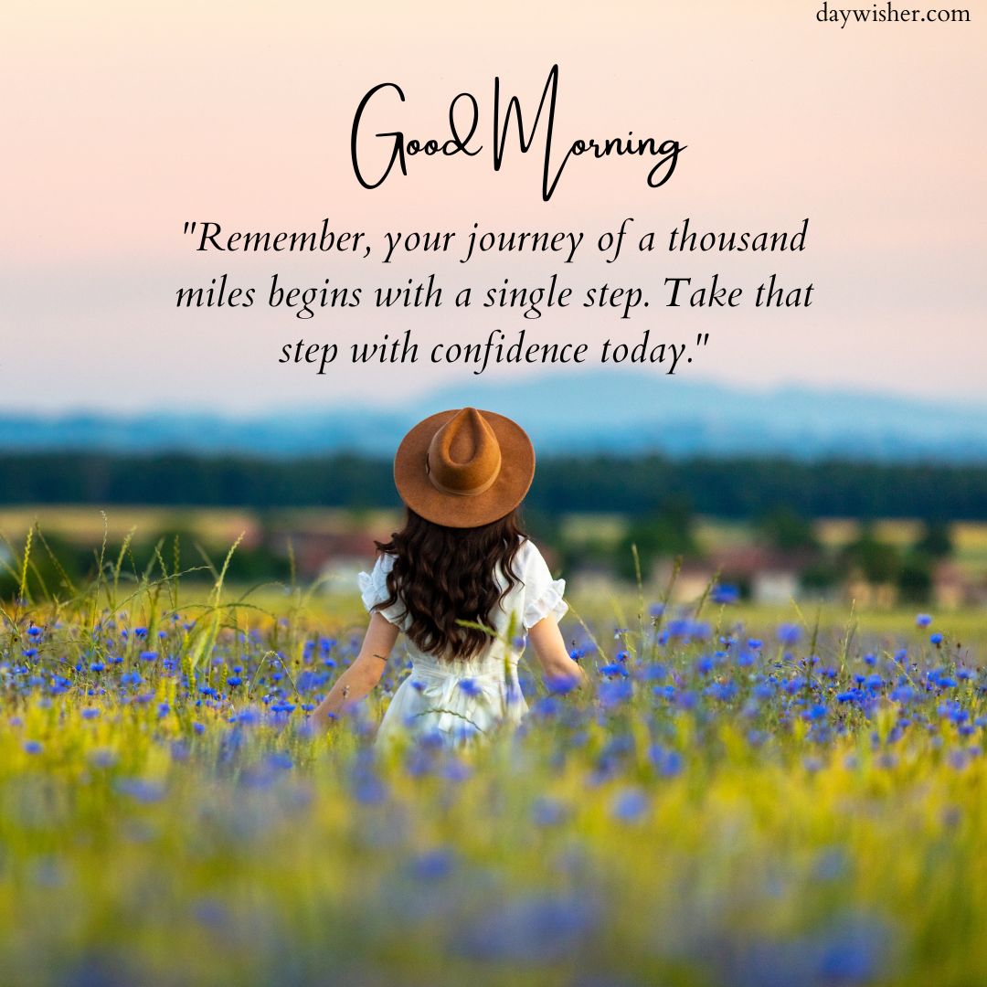 A woman in a white dress and brown hat walks through a field of blue flowers at sunset, with a graphic text saying "good morning images" and an inspirational quote.