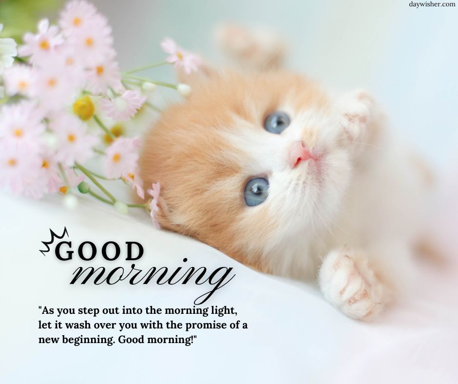 A cute orange kitten with striking blue eyes lying on its back among small pink flowers. The image includes a "good morning" greeting and an inspirational quote.