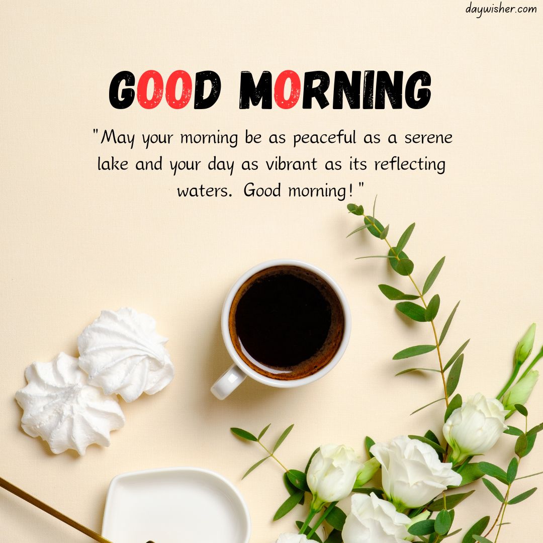 A light beige background displaying the phrase "good morning" in bold letters with a quote below. A coffee cup, white flowers, and marshmallows are arranged around the text in this good morning image