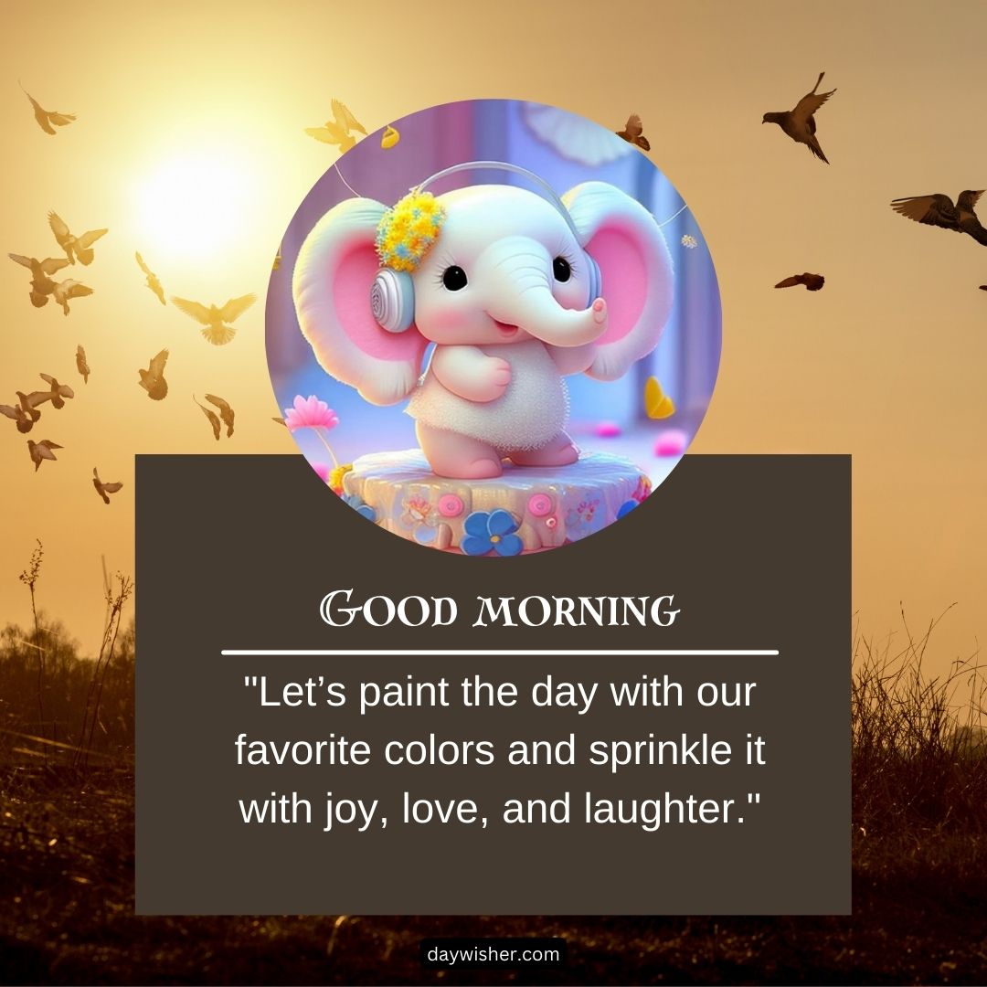 A cheerful digital illustration featuring a cute elephant with a flower on its ear, surrounded by butterflies in a golden sunrise setting, with the greeting "good morning images" and an inspirational quote.