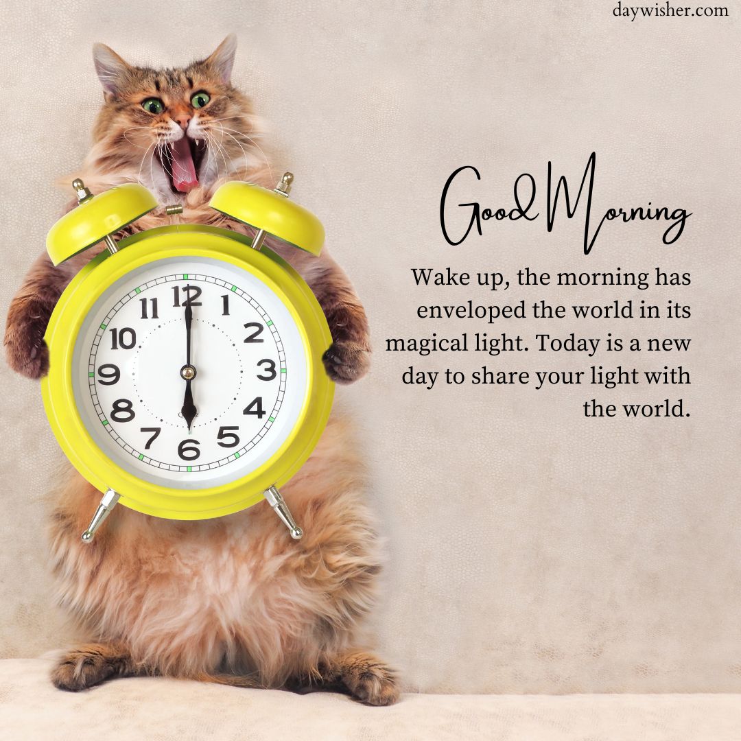 A fluffy cat with an open mouth standing behind a bright yellow alarm clock, which shows the time, with a motivational "good morning" message overlaid on a textured beige background.