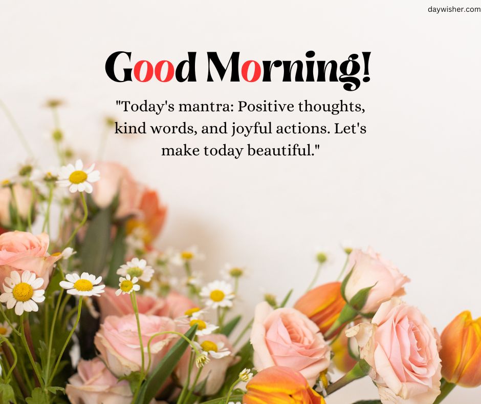 An image displaying a message saying "good morning! today's mantra: positive thoughts, kind words, and joyful actions. let's make today beautiful," surrounded by a variety of colorful flowers in good morning