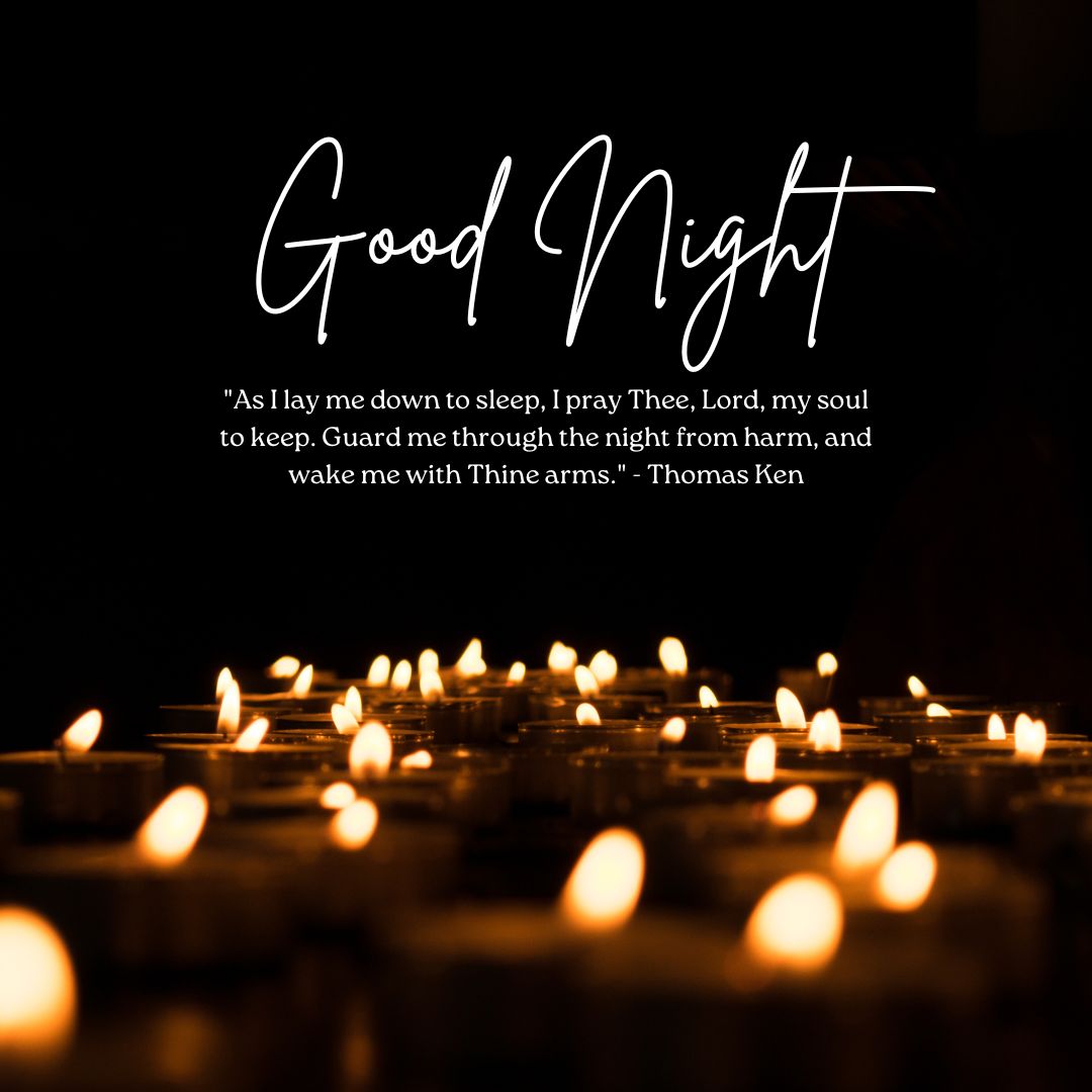 Numerous small candles lit in darkness with the text "good night prayer" and a quote by Thomas Ken overlaying the image, creating a tranquil and reflective mood.