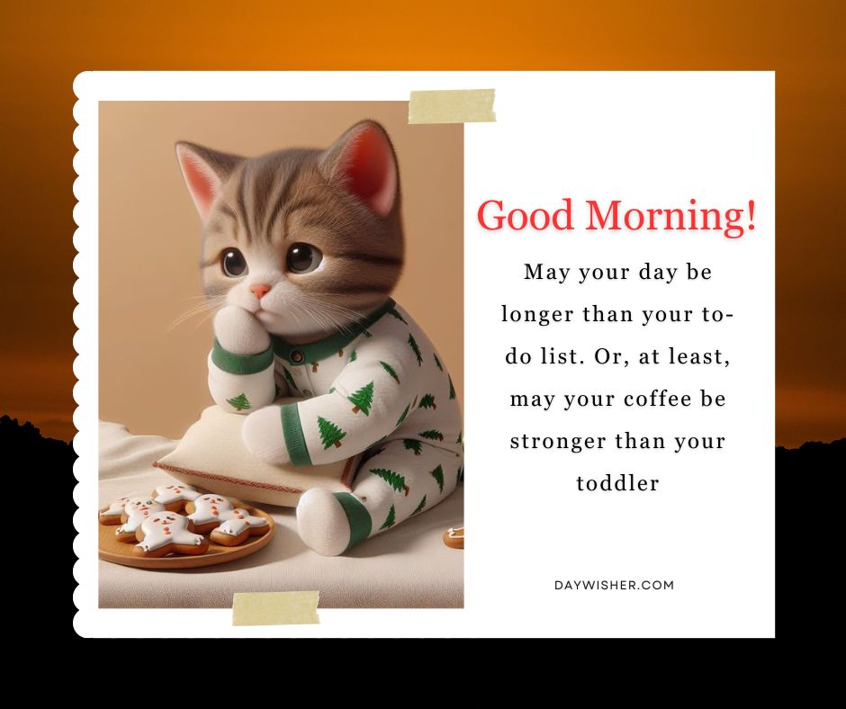 Image of a humorous illustrated kitten wearing a green and white pajama, holding a cookie, with text saying "good morning! may your day be longer than your to-do list. or, at least