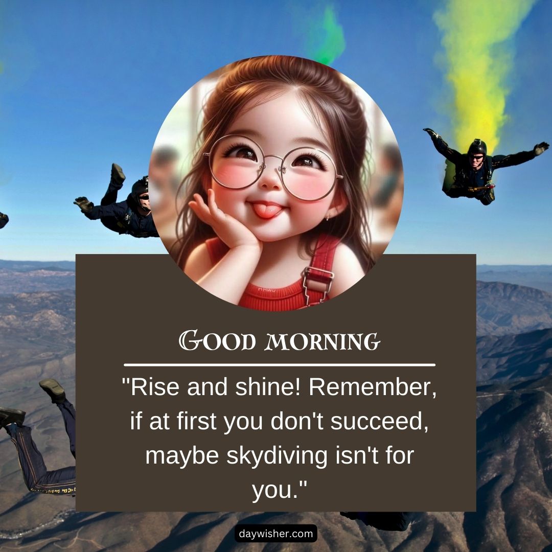 A whimsical graphic featuring a cute, animated girl with glasses and red cheeks smiling under a "funny good morning" text. The backdrop shows two real skydivers above mountains, with humorously