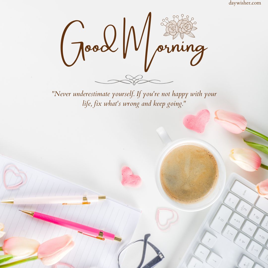 A bright desktop setup featuring a cup of coffee, tulips, a keyboard, notebook, and pens, with the text "good morning images" and an inspirational quote.