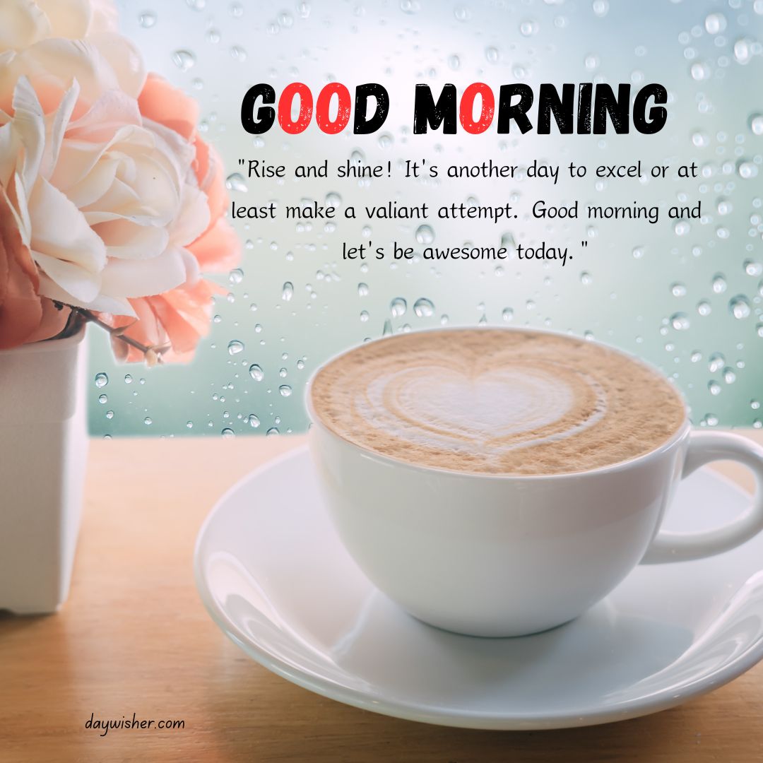 A motivational "good morning" image featuring a cup of coffee with heart-shaped latte art, next to a pink rose, with a rainy window in the background.