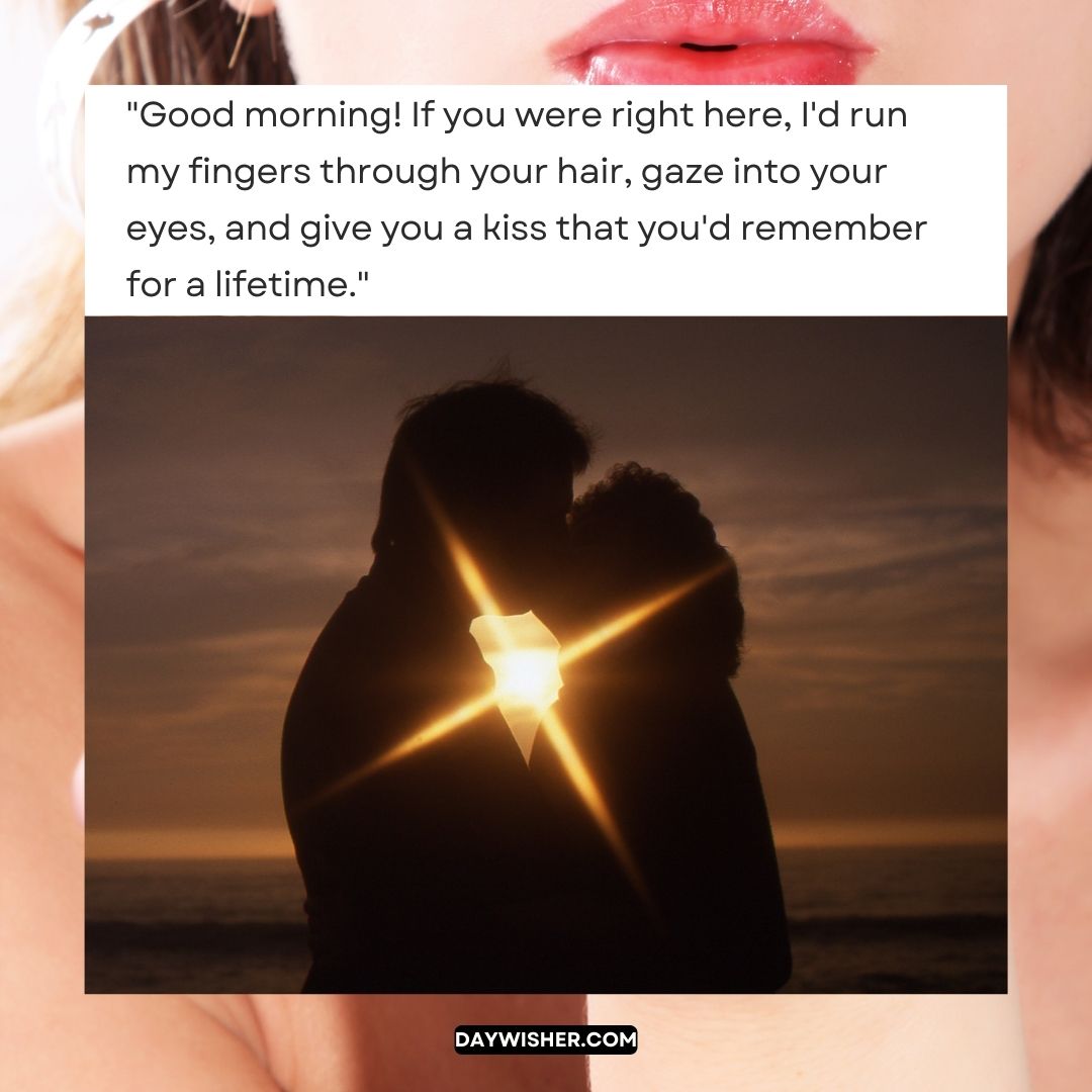 Silhouetted couple sharing a romantic moment at sunrise, framed by a heart-shaped sunlight with an overlay of a love quote.