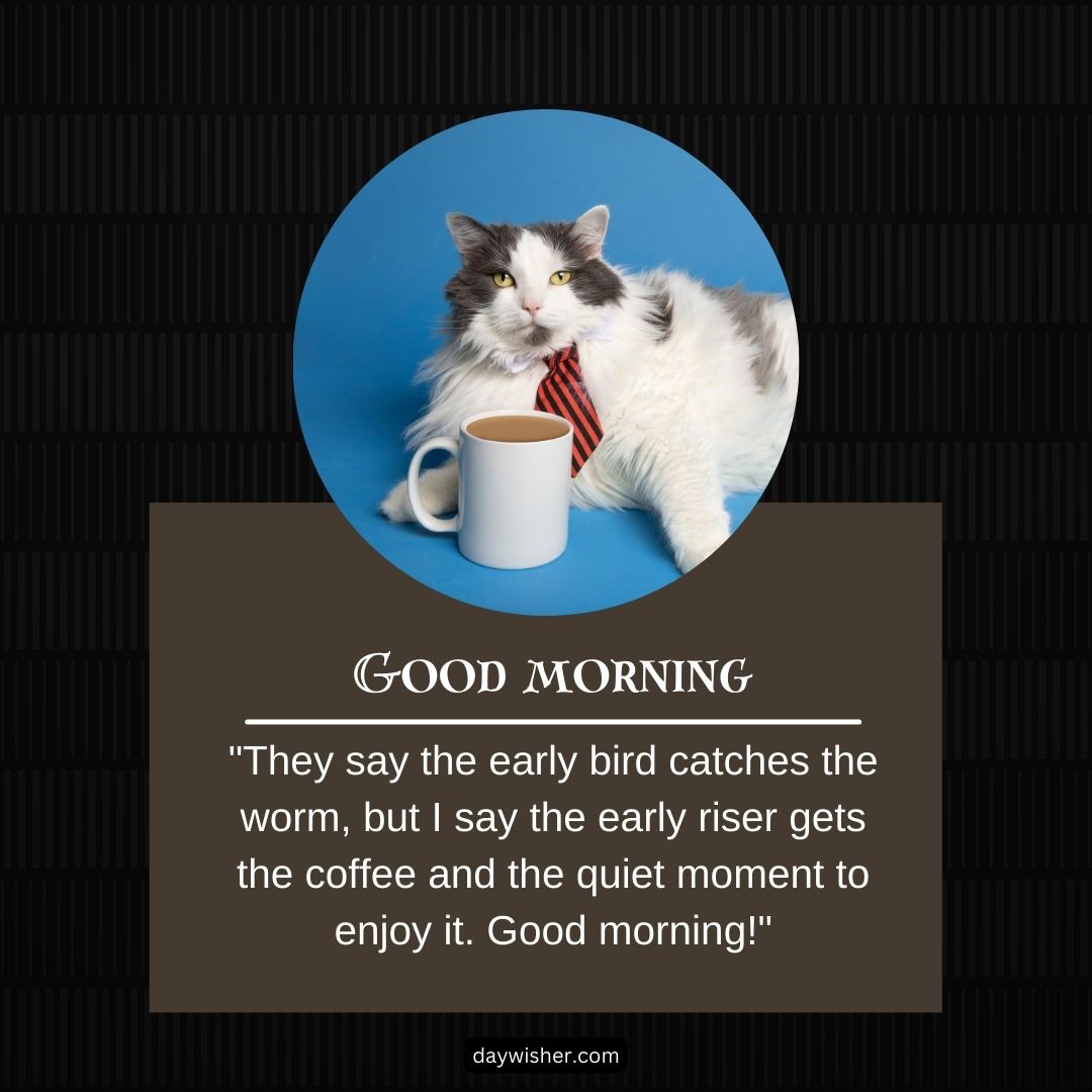 A white cat wearing a striped tie positioned next to a mug of coffee, with "good morning images" greeting and a quote about early risers and coffee on a dark background.
