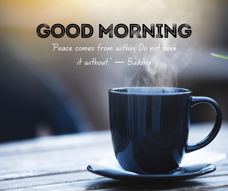 A steaming cup of coffee on a wooden table with sunlight in the background, accompanied by the text "good morning" and a quote from Buddha about peace, creating one of the perfect Good Morning Images