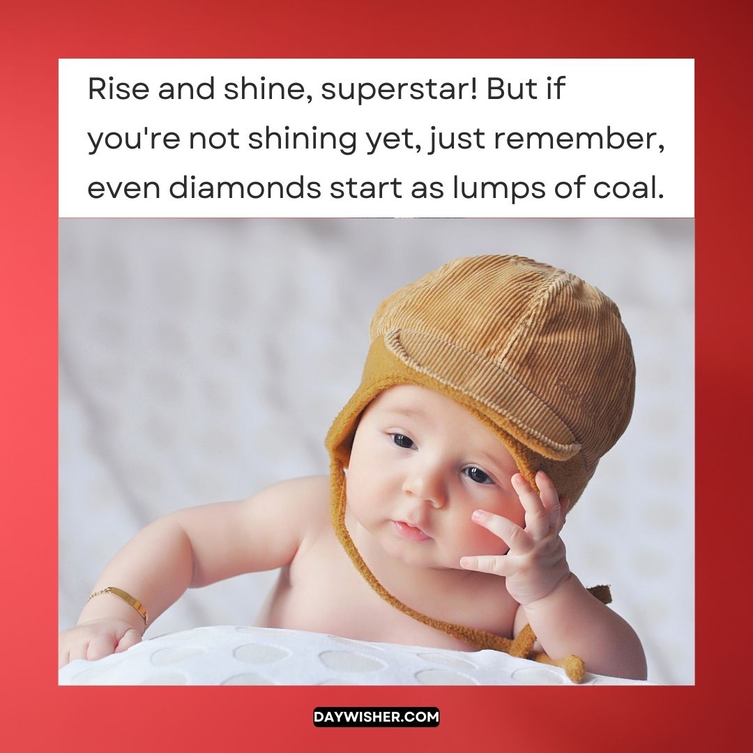 A baby wearing a knitted cap looks contemplative on a white textured blanket with a motivational quote about potential and growth above, perfect for funny good morning images.