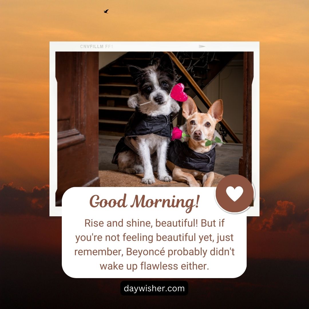 Two cute dogs dressed in vests sitting on wooden steps under a sunrise sky, with a funny motivational message about confidence and beauty overlaying the image.