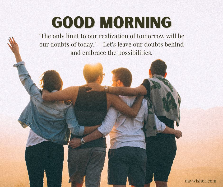 Four friends stand with their arms around each other, watching a sunrise. They appear joyful and optimistic. The image includes a "Good Morning" quote about embracing possibilities.