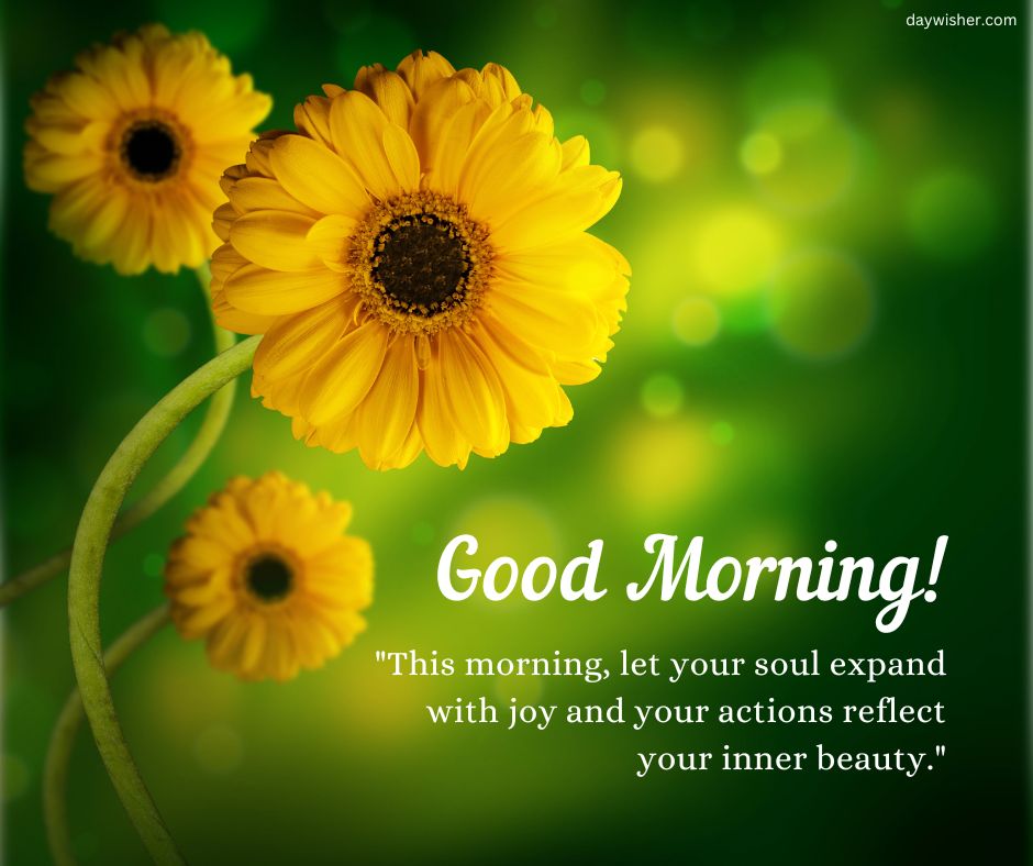 Image of three bright yellow sunflowers against a blurred green background with a "Good Morning!" greeting and an inspirational quote about joy and beauty.
