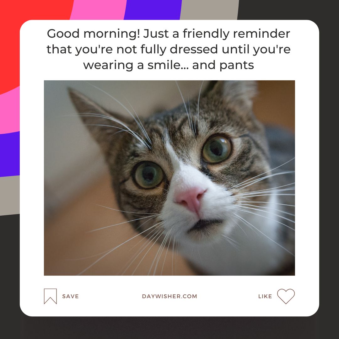 Close-up of a wide-eyed tabby cat with a surprised expression with a caption stating "Funny good morning! Just a friendly reminder that you're not fully dressed until you're wearing a smile.
