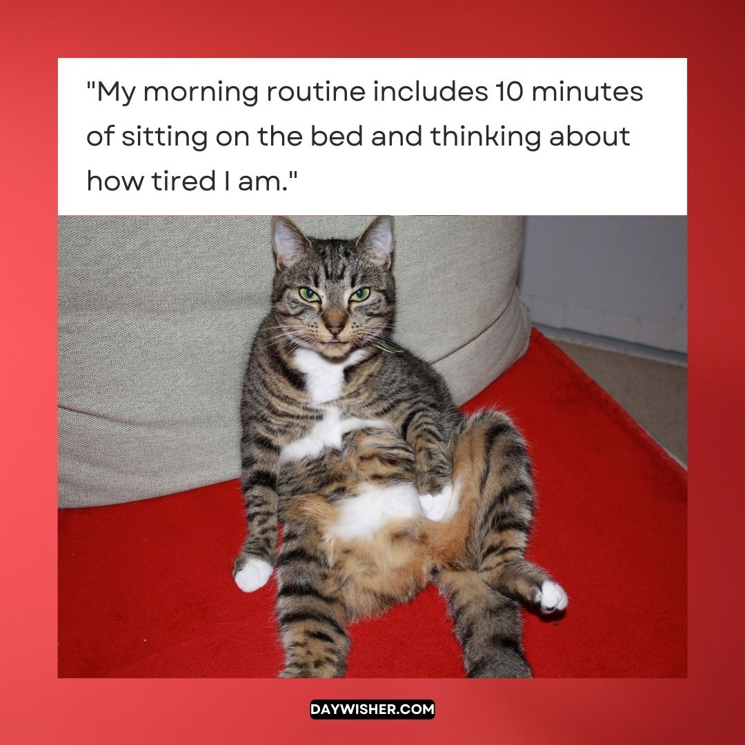 A cat sitting on a red carpet and leaning against a gray bed, its body upright and front paws hanging loosely. The cat looks directly at the camera with a somewhat judgmental expression. A 