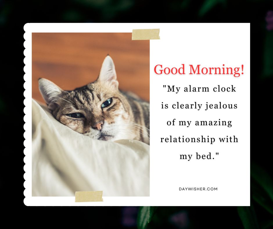 A tabby cat nestled in white bedding with the text "Good morning! 'My alarm clock is clearly jealous of my amazing relationship with my bed.'" on a dark floral background.