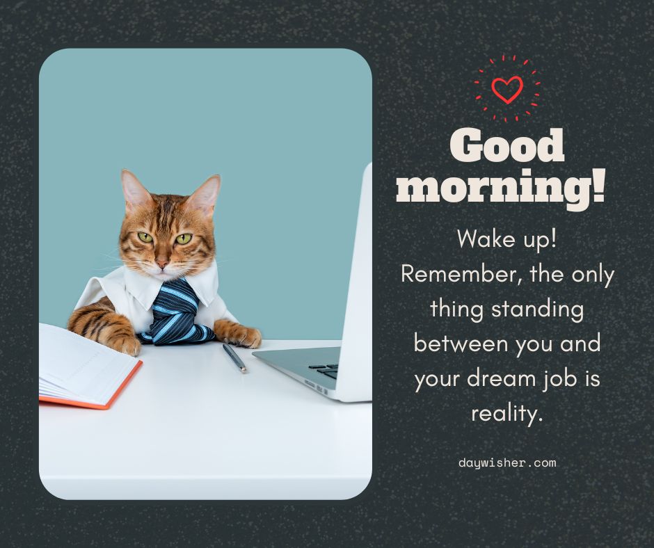 An image of a cat dressed in a white shirt and tie, sitting at a desk with papers and a laptop, next to text that says "Funny Good Morning! Wake up! Remember, the only