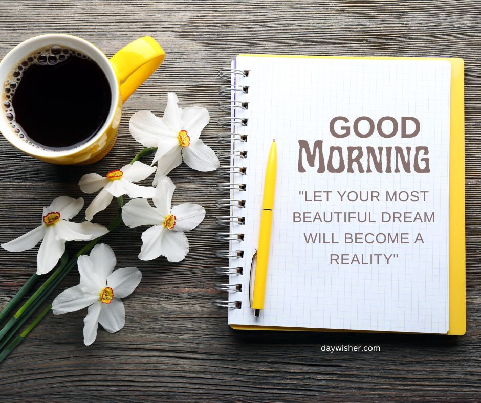 A notebook with "Good Morning Images with Quotes" and an inspirational quote on its open page, accompanied by daffodils, and a cup of coffee on a wooden table.