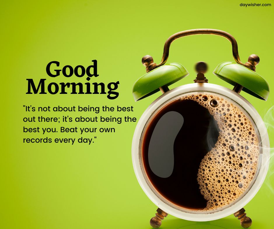 An image of a cup of coffee with bubbles that resembles an alarm clock, set against a green background with a motivational quote about self-improvement. The words "Good Morning" are prominent.