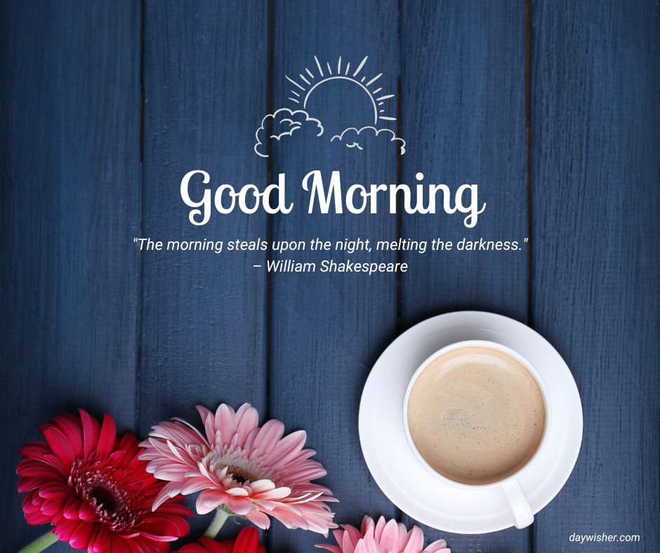 A "Good Morning Images with Quotes" greeting card featuring a cup of coffee and pink flowers on a dark blue wooden surface, with a quote by William Shakespeare about morning.