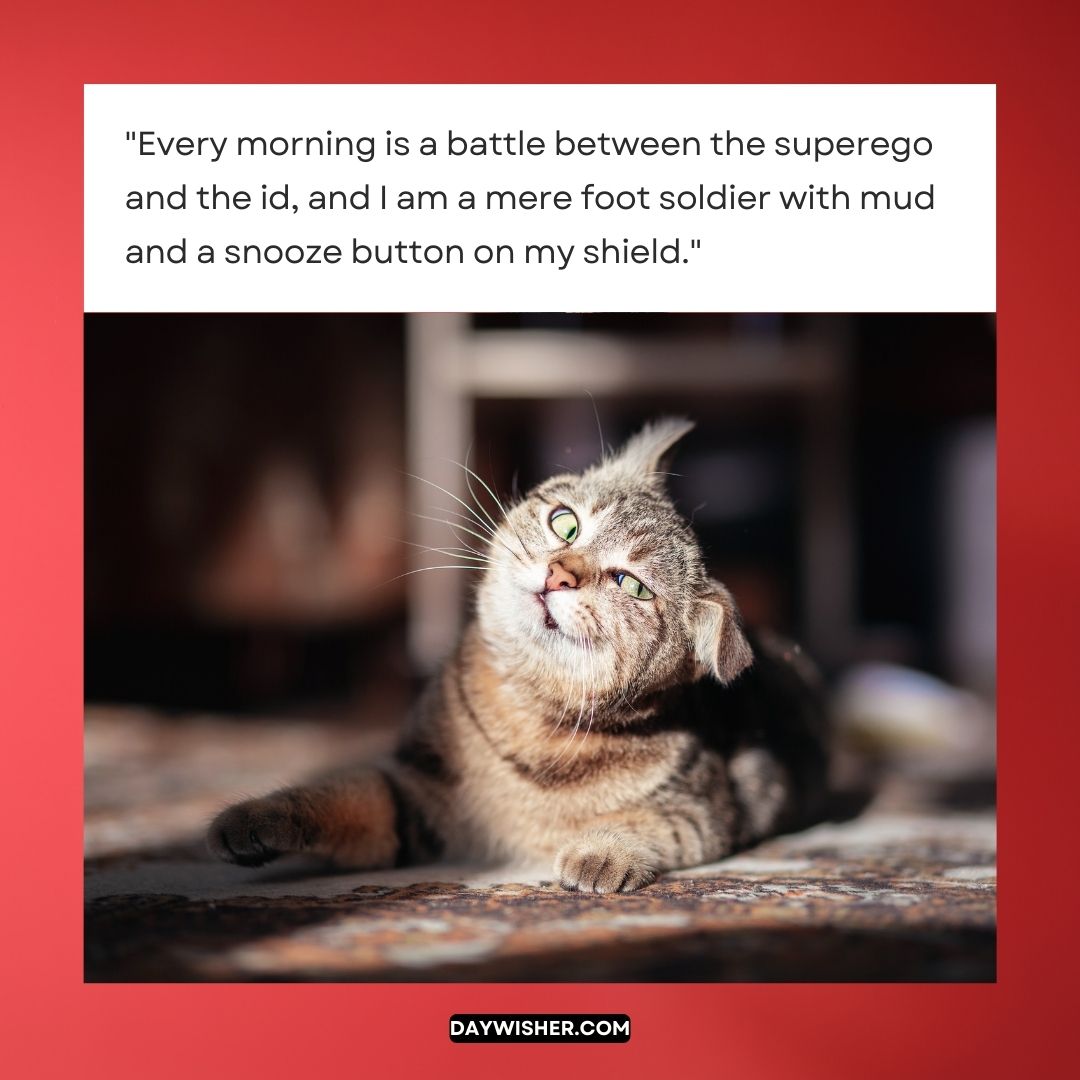 A cat with striking green eyes lies on the floor, gazing upward, bathed in sunlight, with a humorous quote overlay about self-reflection and the snooze button, perfect for good morning images