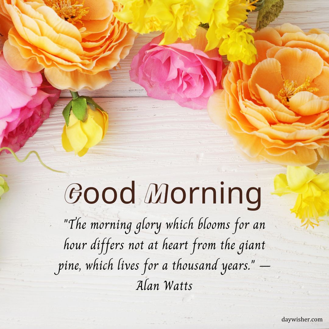 Image of vibrant orange and yellow flowers on a wooden surface with the text "good morning" and a quote by Alan Watts about the beauty of morning glories compared to a giant pine.