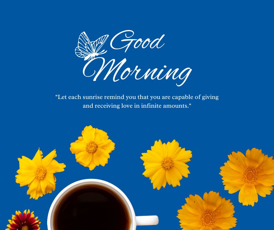 A bright blue background featuring "Good Morning Images with Quotes" surrounded by yellow flowers and a cup of coffee.
