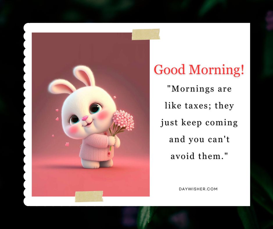 An image featuring a cute cartoon bunny in a pink sweater holding a bouquet of flowers. It includes a text over a red background saying "Good Morning! Mornings are like taxes; they just keep coming