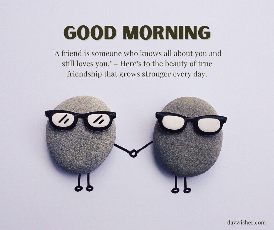 Two round stones with drawn faces and glasses, holding hands, on a plain background with text "Good Morning Images with Quotes" and a friendship quote.