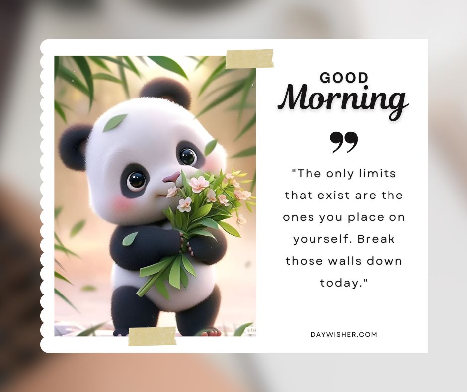 Illustration of an adorable panda holding a branch with green leaves, positioned inside a postage stamp border with a "Good Morning Images with Quotes" greeting and an inspirational quote.