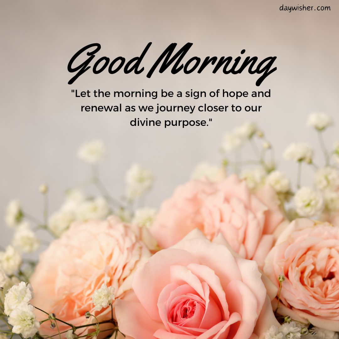 Text "Good Morning Images with Quotes" and an inspirational quote on a background of soft pink roses and white flowers, conveying a sense of hope and renewal.