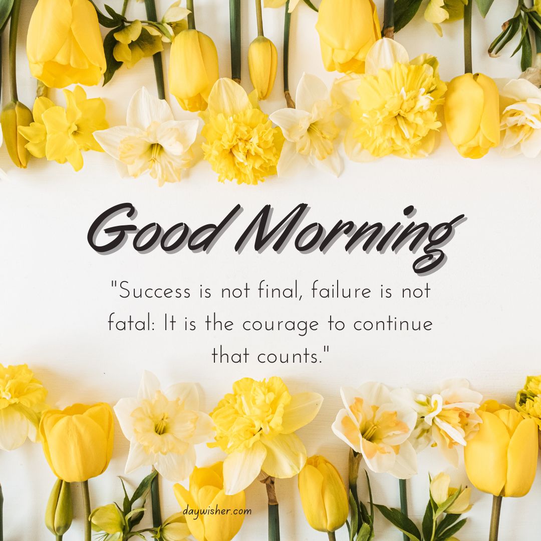 A bright and cheerful greeting card with "Good Morning Images with Quotes" surrounded by fresh yellow daffodils and white flowers, featuring an inspirational quote about courage and success.