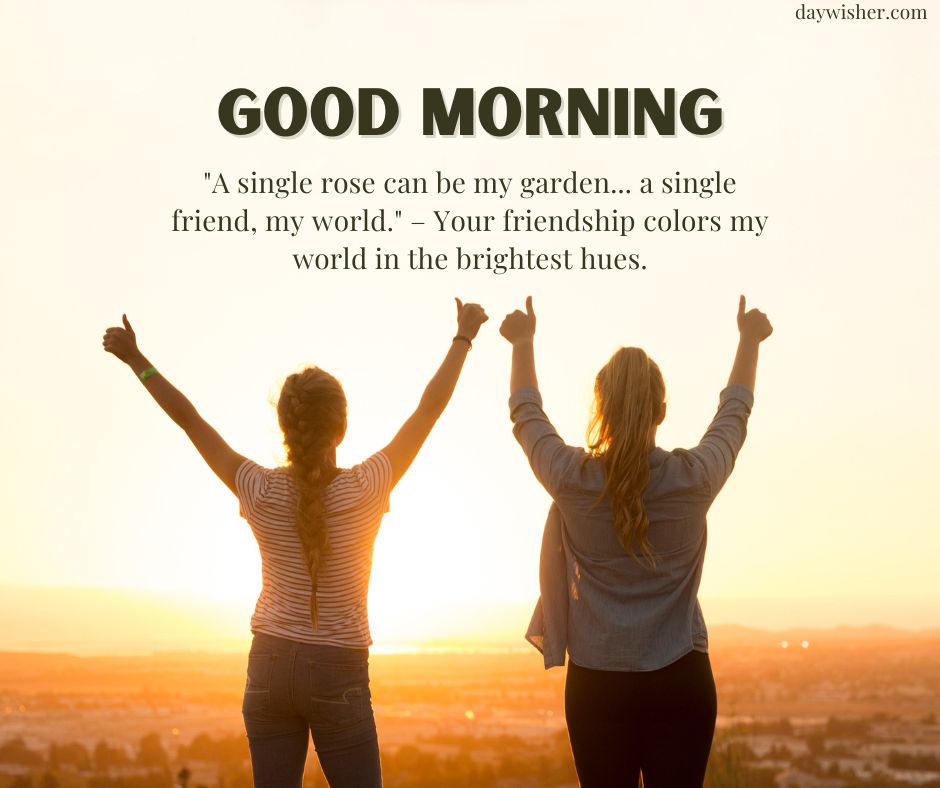Two people with raised arms facing a sunrise with a text overlay that says "Good Morning" and includes a friendship quote.