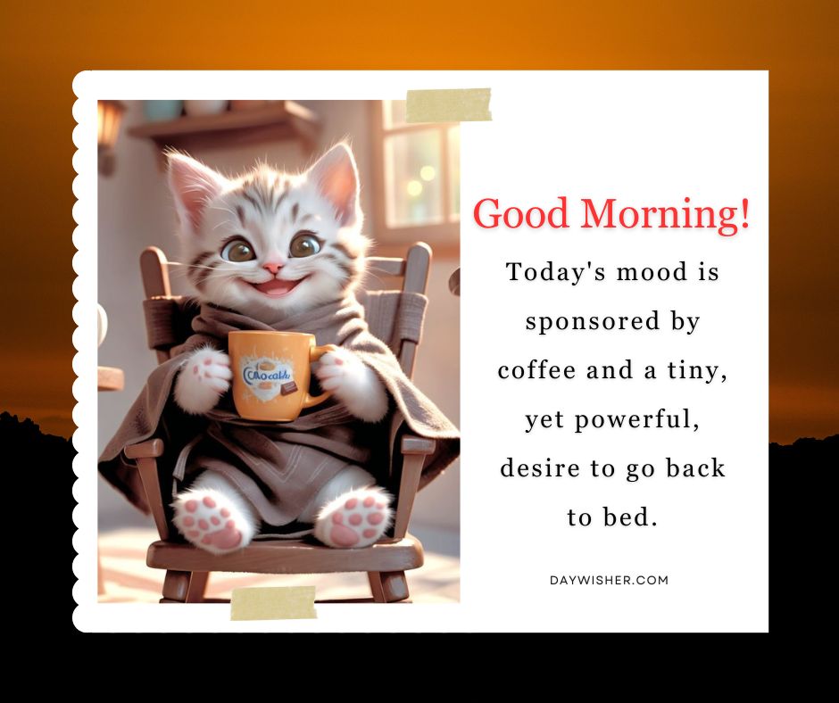 A cute kitten sitting on a chair, holding a coffee mug with the text "good morning! today's mood is sponsored by coffee and a tiny, yet powerful, desire to go back to bed.