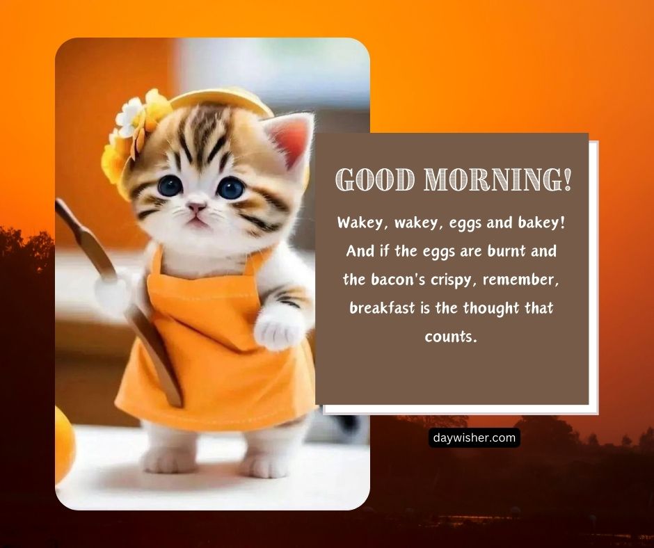 A cute kitten wearing a yellow apron and holding a fork, with a "good morning!" greeting and a funny breakfast quote on an orange background.