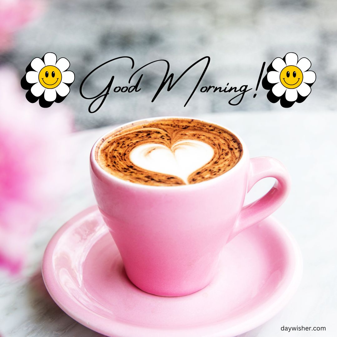 A pink cup with a saucer holding cappuccino topped with a heart-shaped milk foam design on a marble surface, accompanied by the text "good morning images!" and smiley flower illustrations.