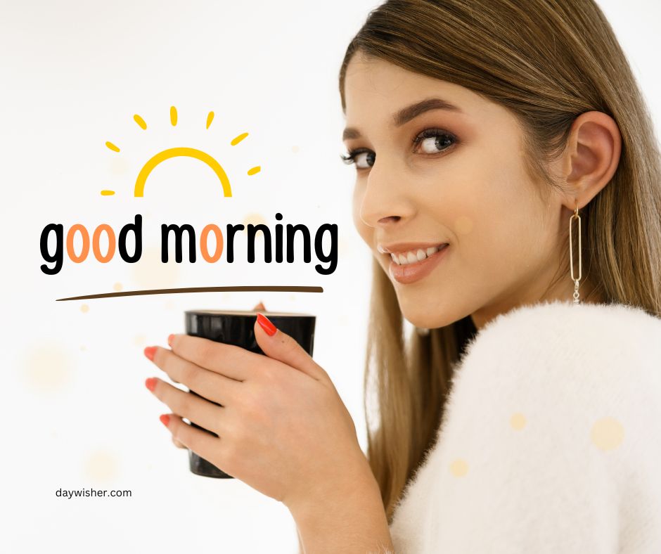 A smiling woman in a white robe holds a black coffee mug, with "good morning images" featuring a stylized sun above her.