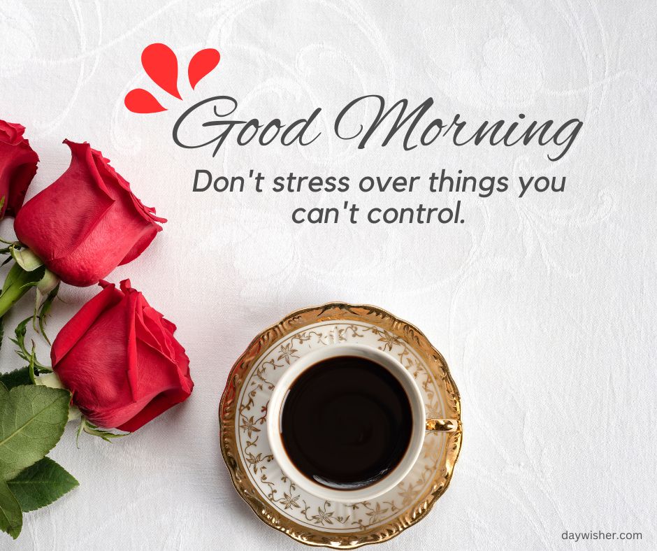 Image of a good morning greeting card saying "good morning. don't stress over things you can't control." featuring a cup of coffee and three red roses on a textured white background.
