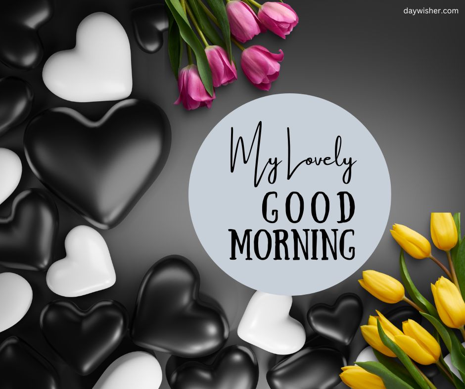 A graphic design featuring the message "my lovely good morning images" surrounded by black and white heart shapes and a corner of yellow and purple tulips on a gray background.