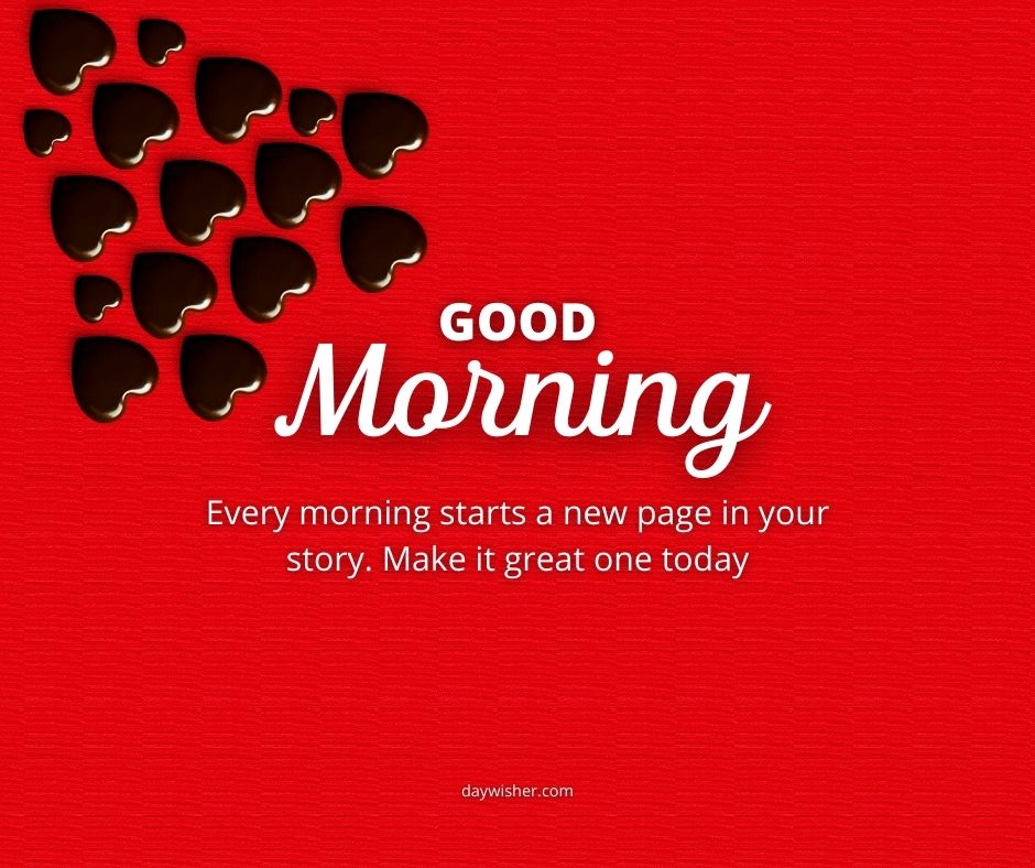 Red background with a subtle pattern and scattered coffee bean shapes. The text reads "Good morning images - every morning starts a new page in your story. Make it a great one today." from dayw